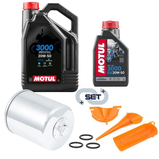Motul 3000 4T 20W50 5L oil with  K&N® premium oil filter (chrome) and funnel set