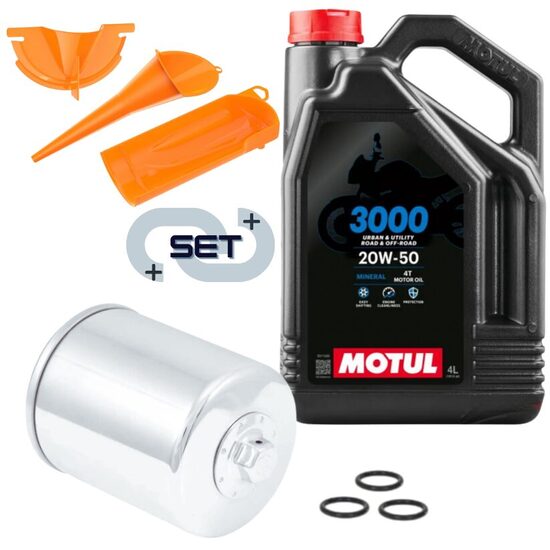 Motul 3000 4T 20W50 4L oil with  K&N® premium oil filter (chrome) and funnel set